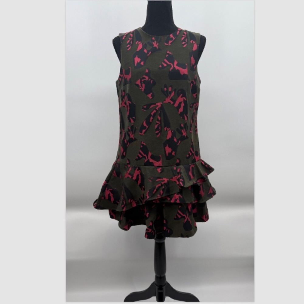 Banana Republic Dress Women 4 Green Pink Sleeveless Ruffle Layers Animal Print